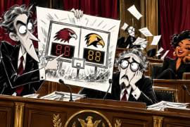 Eric Schmitt Jack Smith Hawks Hawkeyes political cartoon showing a senator’s failed basketball conspiracy theory during a chaotic Senate hearing.
