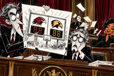 Eric Schmitt Jack Smith Hawks Hawkeyes political cartoon showing a senator’s failed basketball conspiracy theory during a chaotic Senate hearing.