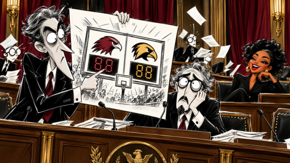 Eric Schmitt Jack Smith Hawks Hawkeyes political cartoon showing a senator’s failed basketball conspiracy theory during a chaotic Senate hearing.