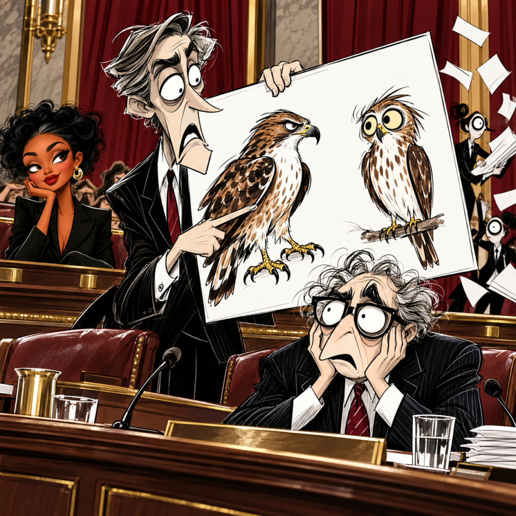 Eric Schmitt Jack Smith Hawks Hawkeyes Senate Hearing Cartoon showing a confused senator, a shocked witness, and a laughing woman during the failed Hawks versus Hawkeyes accusation.