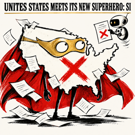 Unites States satire cartoon showing America as a confused caped superhero while a robot corrects an official government document.