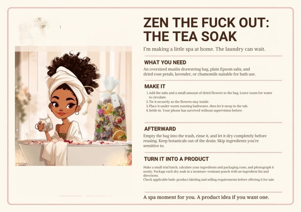 Tea soak instruction card featuring a Black woman relaxing in a bathtub, with steps for making a botanical bath soak and turning it into a product.