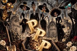 Fear funeral illustration with three gold P’s falling into a coffin surrounded by Black gothic fashion characters.