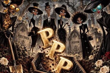 Fear funeral illustration with three gold P’s falling into a coffin surrounded by Black gothic fashion characters.