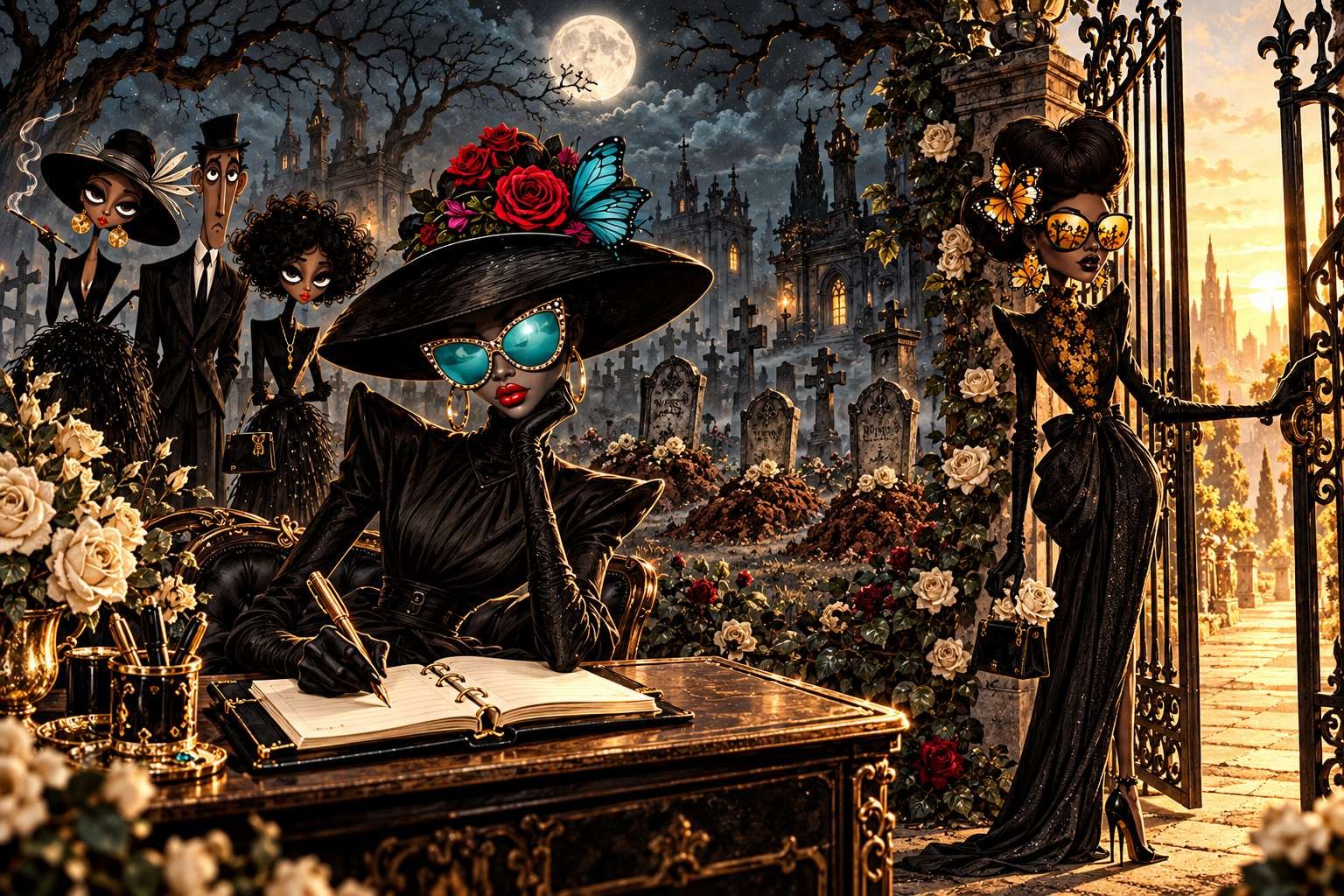 Stylish Black gothic character writes in a planner after a fear funeral while her companion opens the cemetery gate toward sunrise.